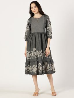Saffron Threads - Grey Cotton Tiered Embroidered Dress