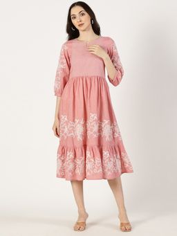 Saffron Threads - Pink Cotton Tiered Embroidered Dress