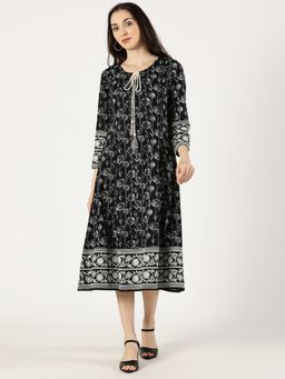 Saffron Threads - Black Cotton Embroidered Dress with Neck Tie-Up