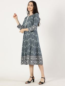 Saffron Threads - Blue Cotton Embroidered Dress with Neck Tie-Up