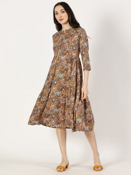Saffron Threads - Brown Tropical Print Rayon Dress with Side Gathers