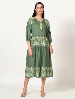 Saffron Threads - Green Cotton Linen Embroidered Dress with Neck Tie-Up