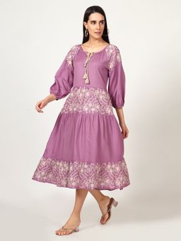 Saffron Threads - Mauve Cotton Linen Embroidered Dress with Neck Tie-Up