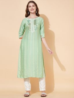 FASHOR - Stripes & Embroidered Kurta - Light Green
