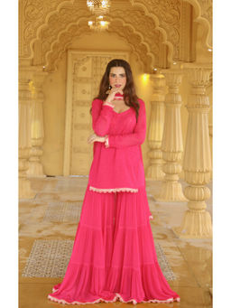 Label Aishwaryrika - Topaz Pink Chikankari Kurta Flared Gharara with Lace (Set of 3)