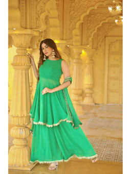 Label Aishwaryrika - Emerald & Gold Chikankari Kurta with Sharara Lace (Set of 3)