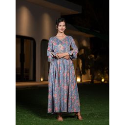 Yufta - Blue Pure Cotton Beads & Stones Gathers Angrakha Dress