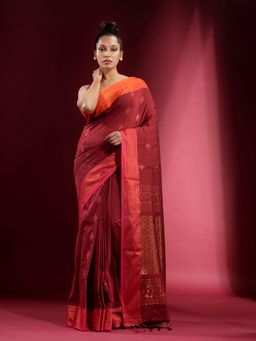 CHARUKRITI - Berry Red Dual Border and Zari Design Saree with Unstitched Blouse