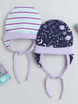 Bumzee - Navy & Lavender Baby Girls Ear Flap Tying Cap (Pack of 2)