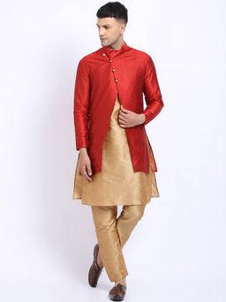 Treemoda - Men Red & Golden Coloured Raw Silk Kurta with Aligarh Pyjama & Jacket (Set of 3)