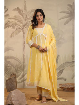 Scakhi - Yellow Mulmul Embroidered Anarkali Pant with Dupatta (Set of 3)