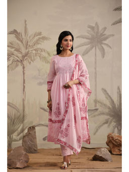 Scakhi - Pink Hand-Block Printed Gathered Anarkali Pant with Dupatta (Set of 3)