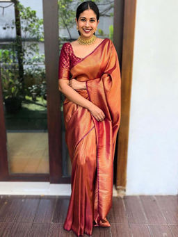 Anjaneya Sarees - Maroon Woven Designer Banarasi Silk Kanjivaram Saree with Unstitched Blouse