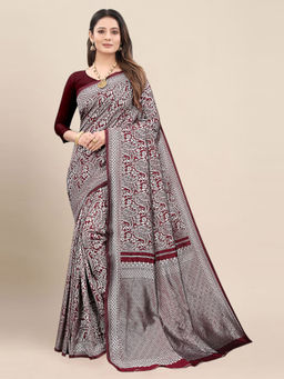 Anjaneya Sarees - Maroon Woven Designer Banarasi Silk Kanjivaram Saree with Unstitched Blouse