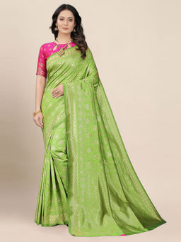 Anjaneya Sarees - Green Woven Designer Banarasi Silk Kanjivaram Saree with Unstitched Blouse