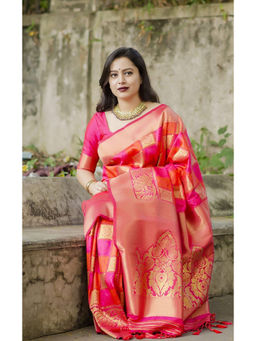Anjaneya Sarees - Pink Woven Designer Banarasi Silk Kanjivaram Saree with Unstitched Blouse