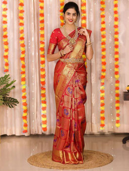 Anjaneya Sarees - Red Woven Designer Banarasi Silk Kanjivaram Saree with Unstitched Blouse