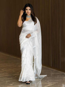 Anjaneya Sarees - White Woven Designer Cotton Silk Kanjivaram Saree with Unstitched Blouse