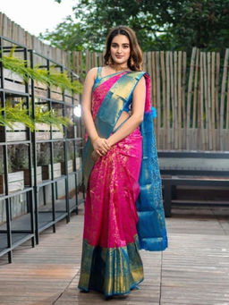 Anjaneya Sarees - Pink Woven Designer Banarasi Silk Kanjivaram Saree with Unstitched Blouse