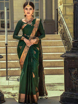 Anjaneya Sarees - Green Woven Designer Banarasi Silk Kanjivaram Saree with Unstitched Blouse