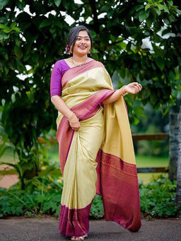 Anjaneya Sarees - Beige Woven Designer Banarasi Silk Kanjivaram Saree with Unstitched Blouse
