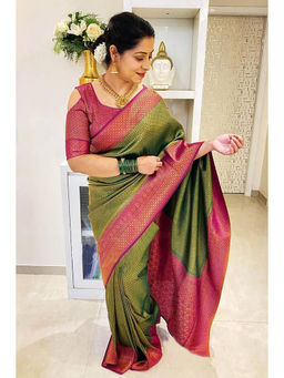 Anjaneya Sarees - Green Woven Designer Banarasi Silk Kanjivaram Saree with Unstitched Blouse