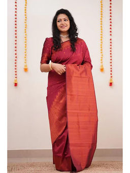 Anjaneya Sarees - Maroon Woven Designer Banarasi Silk Kanjivaram Saree with Unstitched Blouse