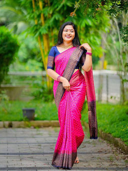 Anjaneya Sarees - Pink Woven Designer Banarasi Silk Kanjivaram Saree with Unstitched Blouse