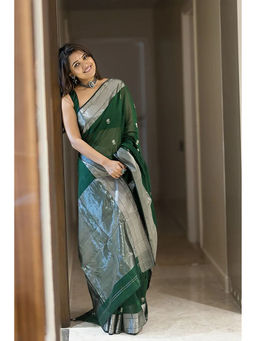Anjaneya Sarees - Green Woven Designer Cotton Silk Kanjivaram Saree with Unstitched Blouse