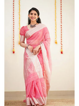 Anjaneya Sarees - Pink Woven Designer Cotton Silk Kanjivaram Saree with Unstitched Blouse