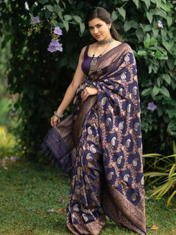 Anjaneya Sarees - Blue Woven Designer Banarasi Silk Kanjivaram Saree with Unstitched Blouse