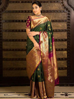 Anjaneya Sarees - Green Woven Designer Banarasi Silk Kanjivaram Saree with Unstitched Blouse