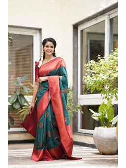 Anjaneya Sarees - Green Woven Designer Banarasi Silk Kanjivaram Saree with Unstitched Blouse