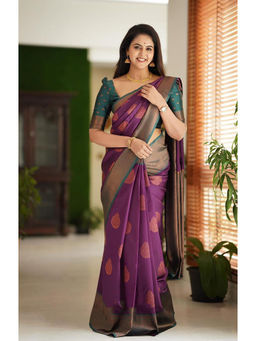 Anjaneya Sarees - Purple Woven Designer Banarasi Silk Kanjivaram Saree with Unstitched Blouse