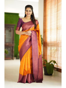 Anjaneya Sarees - Mustard Woven Designer Banarasi Silk Kanjivaram Saree with Unstitched Blouse