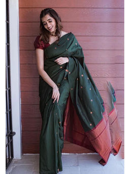 Anjaneya Sarees - Green Woven Designer Banarasi Silk Kanjivaram Saree with Unstitched Blouse
