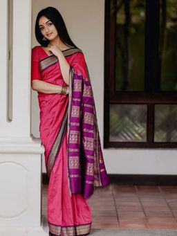 Anjaneya Sarees - Pink Woven Designer Banarasi Silk Kanjivaram Saree with Unstitched Blouse