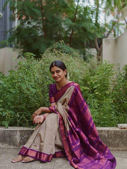 Anjaneya Sarees - Beige Woven Designer Banarasi Silk Kanjivaram Saree with Unstitched Blouse