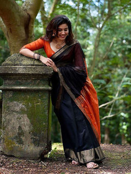 Anjaneya Sarees - Black Woven Designer Banarasi Silk Kanjivaram Saree with Unstitched Blouse