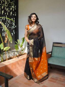 Anjaneya Sarees - Black Woven Designer Banarasi Silk Kanjivaram Saree with Unstitched Blouse