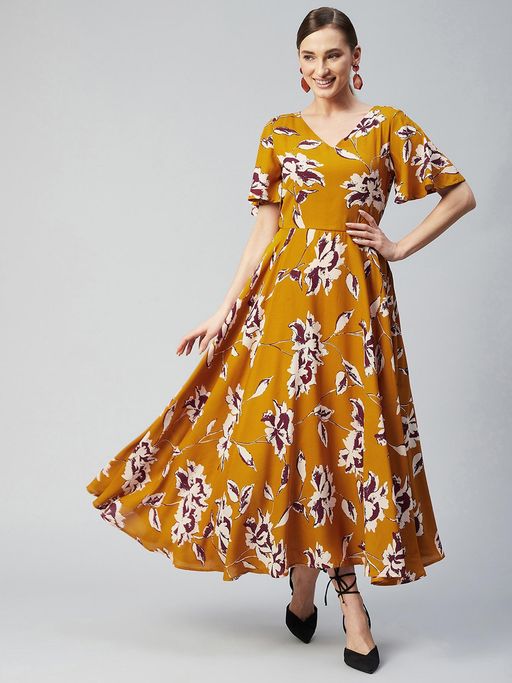 casual mustard dress Mustard Print Midi Dress Women, Casual Dress with Pockets, Comfortable Stretch, Flowy Everyday Dress, Summer Outfit
