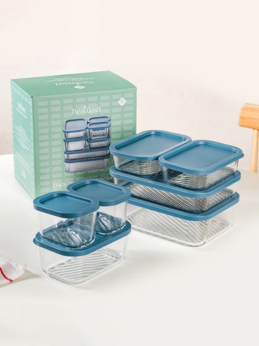 Nestasia Blue Grooved Base Glass Airtight Containers (Pack Of 7) (Pack of 7)