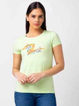 Spykar - Women Mint Green Blended Regular Fit Half Sleeve Printed T-shirt