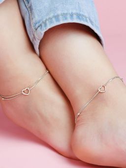 Zavya - Heartfelt Elegance Rhodium-Plated 925 Sterling Silver Heart Anklet- Pair