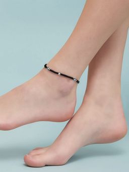 Zavya - Floral Black 925 Sterling Silver Rhodium-Plated Thread Anklet