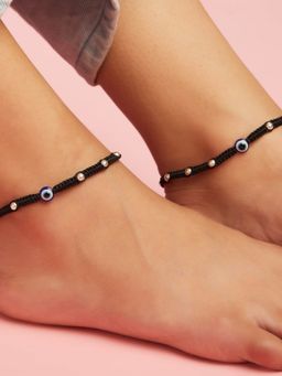 Zavya - Beaded Evil Eye 925 Sterling Silver Thread Anklet- Pair