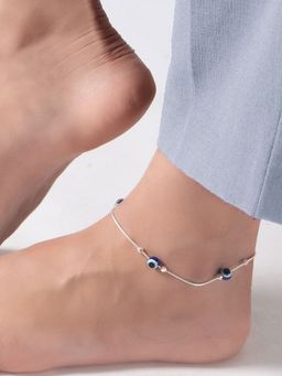Zavya - Evil Eye Beaded Rhodium Plated 925 Sterling Silver Chain Anklet