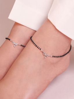 Zavya - Radiant Charm Rhodium-Plated 925 Sterling Silver Anklet with Beaded Chain- Pair