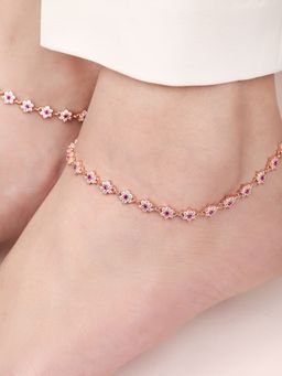 Zavya - Floral Cubic Zirconia Rose Gold Plated 925 Sterling Silver Women's Anklet- Pair