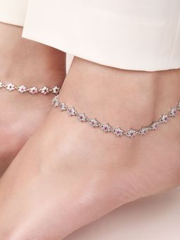 Zavya - Floral Radiance Rhodium-Plated 925 Sterling Silver Anklet- Pair